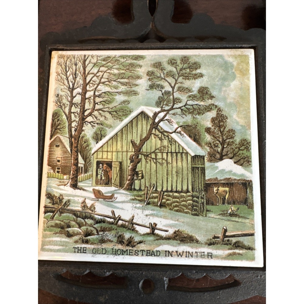 3 - Vintage Currier and Ives Trivet Homestead Winter Black Iron & Tile Enesco